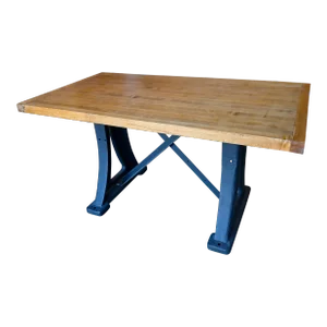 Antique Kitchen Island Work Desk Table Maple Top W Iron Industrial Machine Base