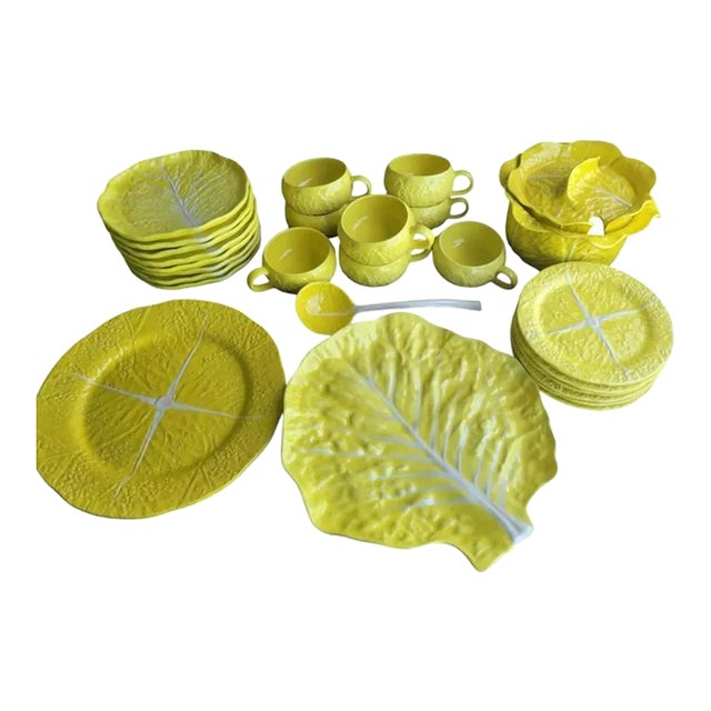 Vintage Yellow Cabbage Ceramic Dish Cup Soup Tureen Set by Secla Portugal- 26 Pieces For Sale