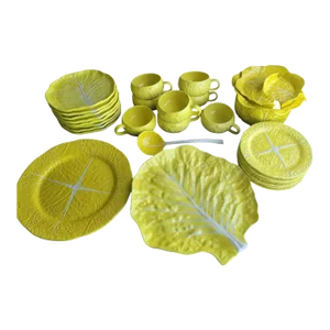 Vintage Yellow Cabbage Ceramic Dish Cup Soup Tureen Set by Secla Portugal- 26 Pieces