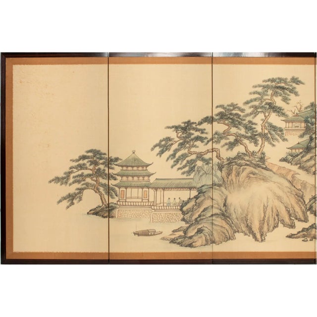 Excellent vintage 4-panel folding silk screen, painted in the style of The Ming dynasty (1368–1644), depicting a stunning...