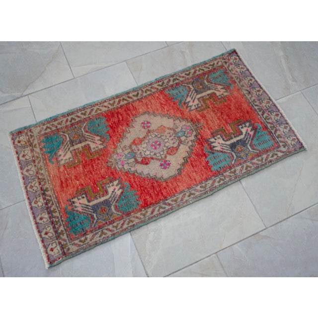 Small Vintage Turkish Oushak Rug 2x3 Hand Knotted Wool Red Teal Entryway Mat Handmade Doormat For Sale - Image 13 of 14