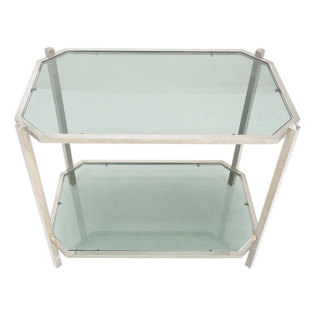 Two Tier Tinted Green Glass Top Cut Corners Rectangle Style End Side Table For Sale