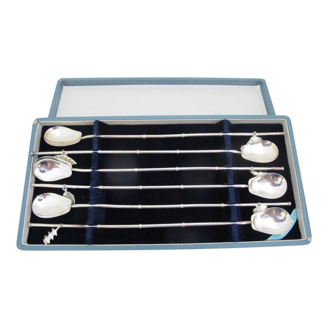 Japanese Sterling Silver Iced Tea Spoon Straw W/Charms Set of 6 in Case For Sale