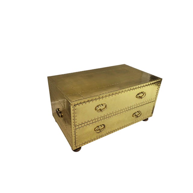 Mid-Century Modern 1970s Brass-Clad Riveted Campaign Trunk Coffee Table / 2-Drawer Chest For Sale - Image 3 of 11