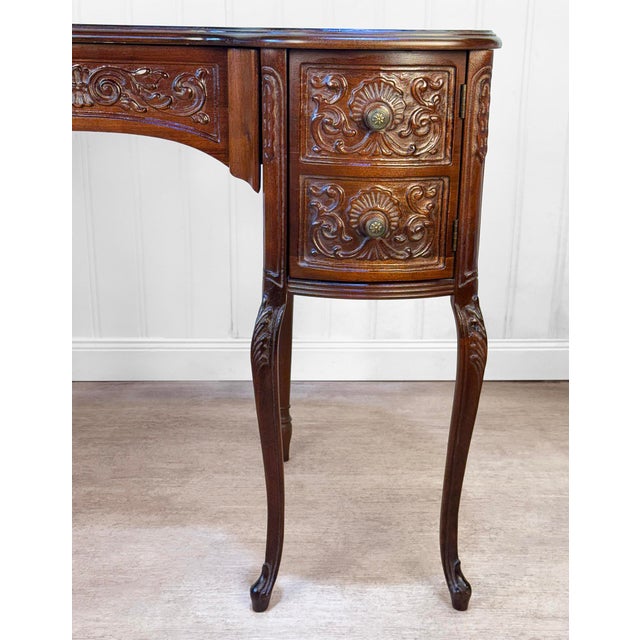 Wood Vintage French Mahogany Carved Kidney Writing Vanity Desk For Sale - Image 7 of 12
