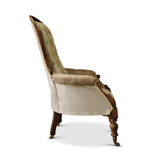 Victorian Walnut & Velvet Scroll Arm Button Back Library Armchair with Original Brass Castors For Sale - Image 5 of 6