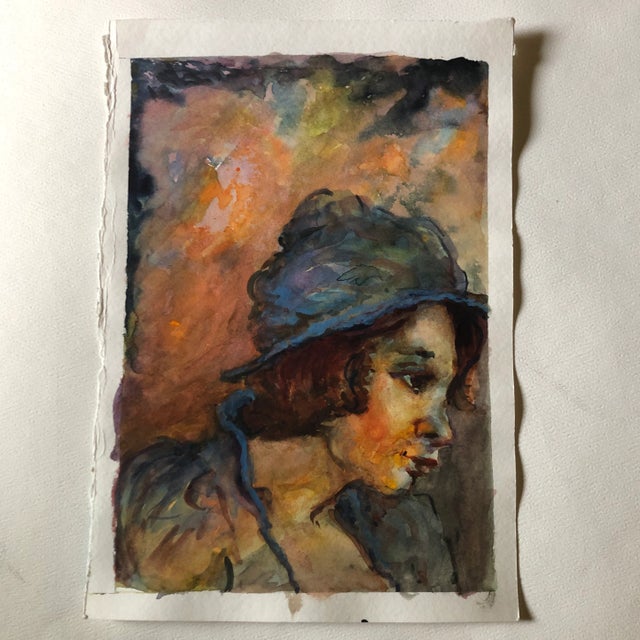 Original Vintage Female Portrait Watercolor Painting 1980’s For Sale - Image 4 of 4