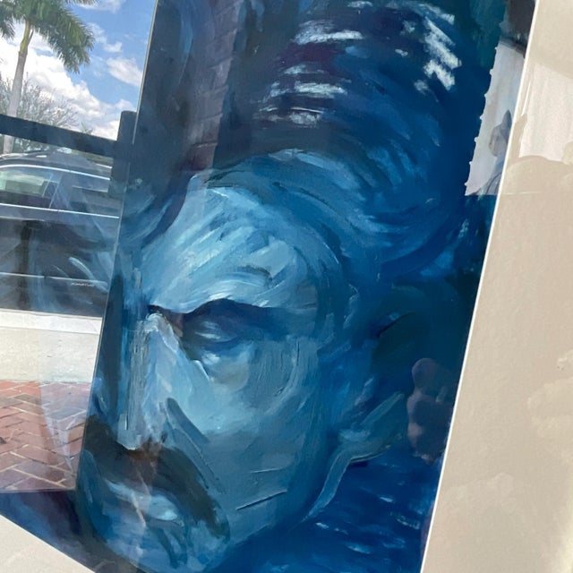Vintage Signed Blue Expressionist Male Portrait Oil Painting For Sale - Image 4 of 15