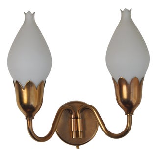 Brass and Opaline Glass Tulip 2-Arm Wall Lamp from Fog & Mørup, 1950s For Sale