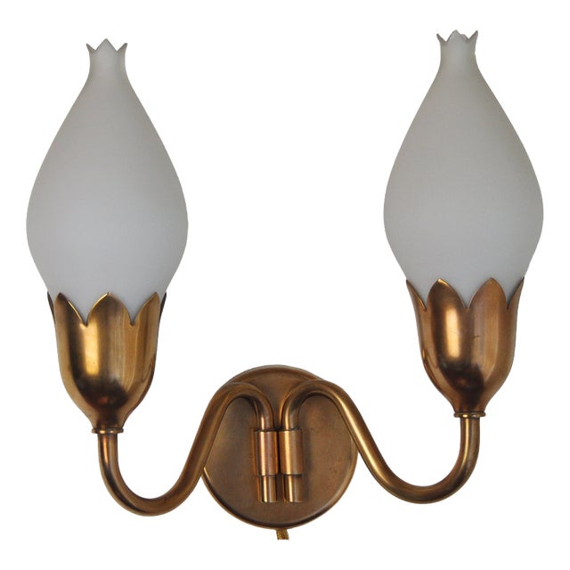 Brass and Opaline Glass Tulip 2-Arm Wall Lamp from Fog & Mørup, 1950s For Sale