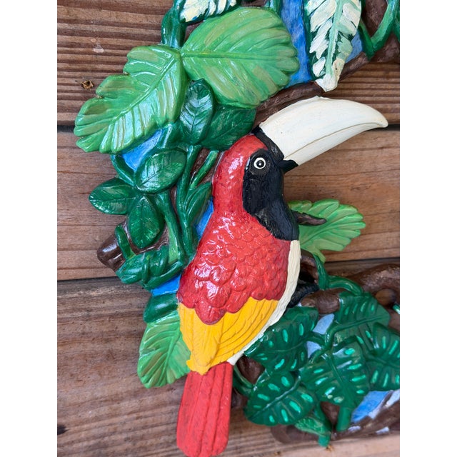 Art Deco Vintage Tropical Parrot & Toucan Ceramic Wreath Wall Sculpture For Sale - Image 3 of 12