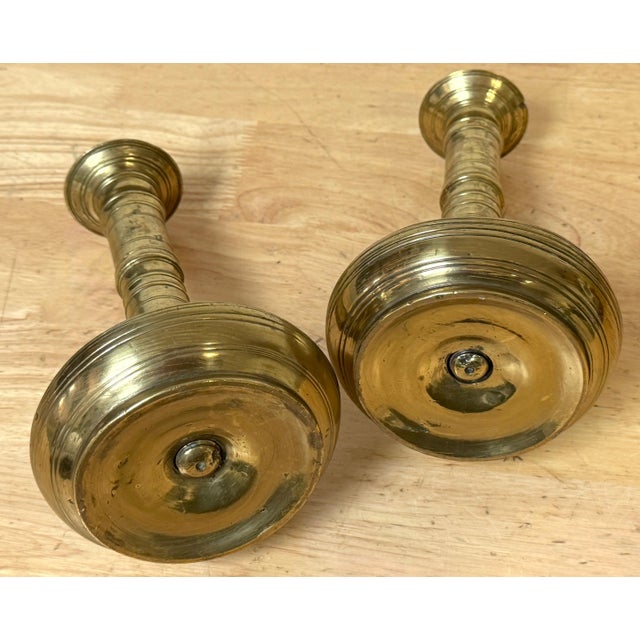 Metal Pair of Russian Empire Brass Candlesticks with Drip Basins, circa 1790–1835 For Sale - Image 7 of 13
