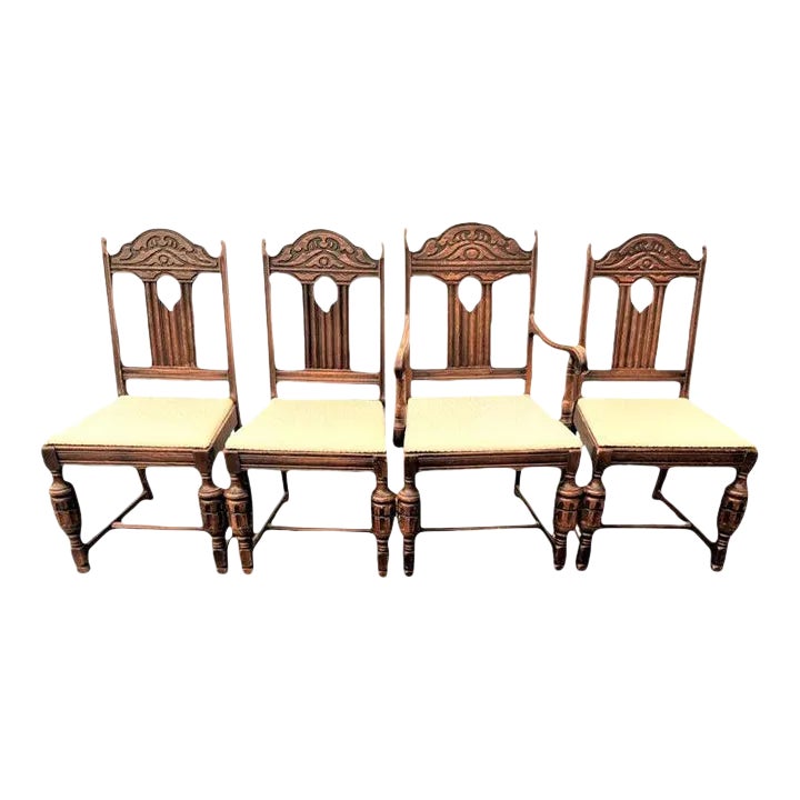 Antique Spanish Revival Early 20th Century Solid Oak Dining Chairs With