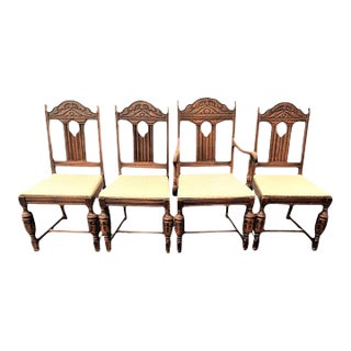 Antique Spanish Revival Early 20th Century Solid Oak Dining Chairs With New Kravet Fabric - Set of 4 For Sale