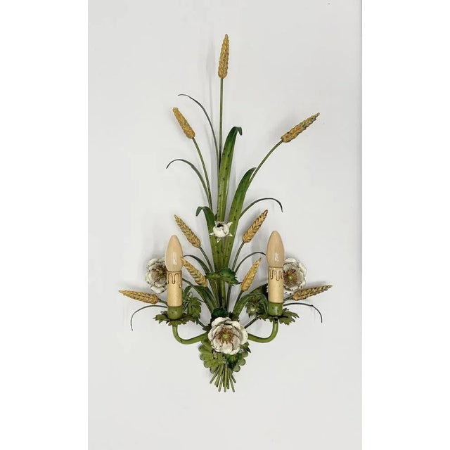 Mid-Century Modern Painted Tole Flower and Wheat Wall Lamp, 1960s For Sale - Image 3 of 12