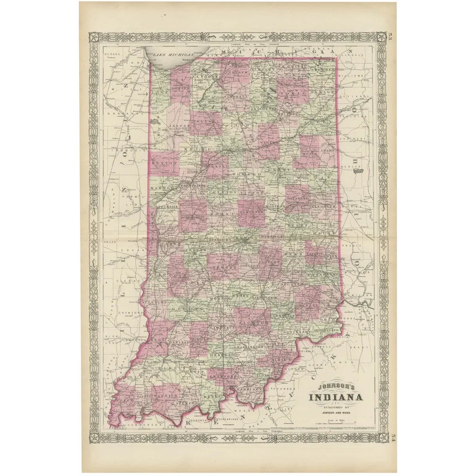 Civil War Era Map of Indiana with Lake Michigan Detail, 1864 | Chairish