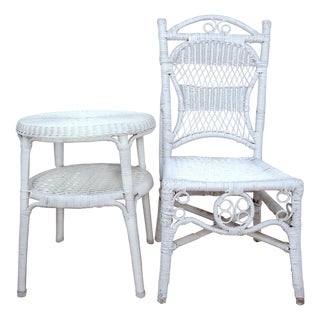 Antique Wicker Rattan Chair and Vintage Side Table For Sale