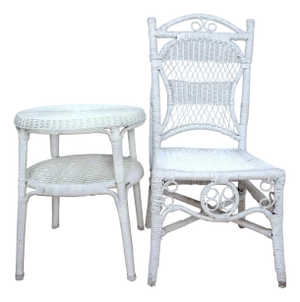 Antique Wicker Rattan Chair and Vintage Side Table