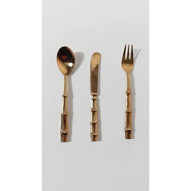 Metal Vintage Brass and Faux Bamboo Flatware Dessert Set, 1970s, Set of 36 For Sale - Image 7 of 15