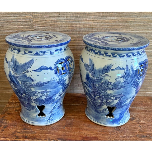 Chinoiserie Chinoiserie Canton Village Balaster Garden Stools - a Pair For Sale - Image 3 of 3