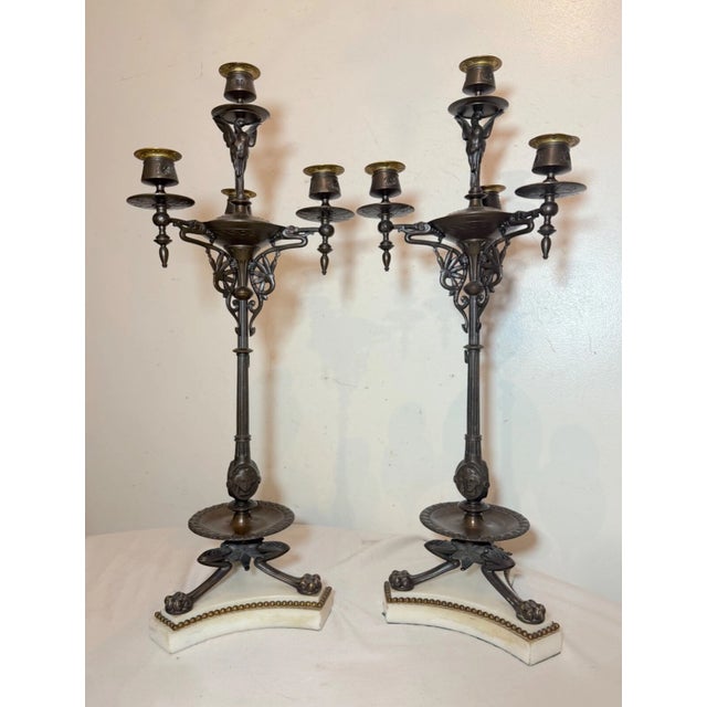Neoclassical Large Pair Antique 1800's Patinated Bronze Neoclassical Candelabra Candle Holder For Sale - Image 3 of 16