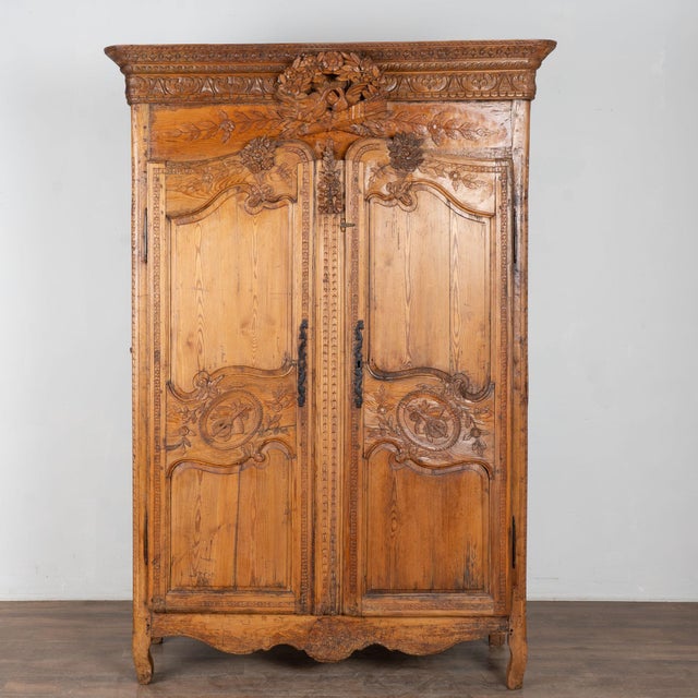 French Provincial 18th Century French Carved Pine Two Door Wedding Armoire Cabinet For Sale - Image 3 of 18