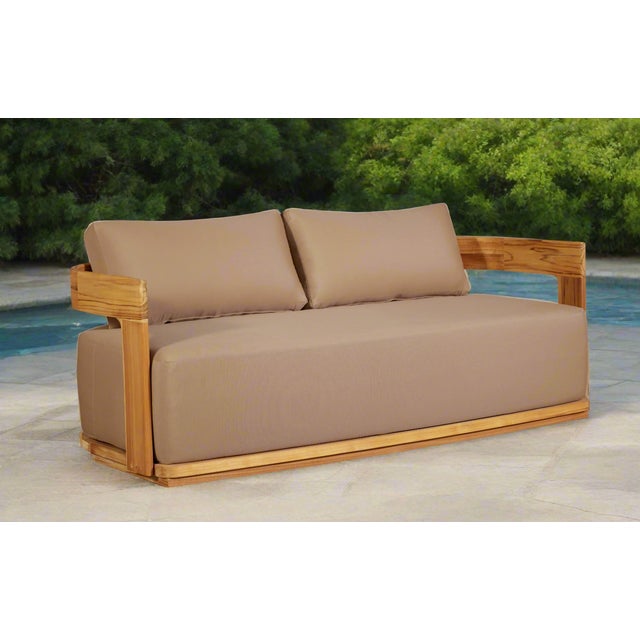 Eclipse Outdoor Solid Teak Wood Love Seat - Light Brown Fabric For Sale - Image 10 of 12