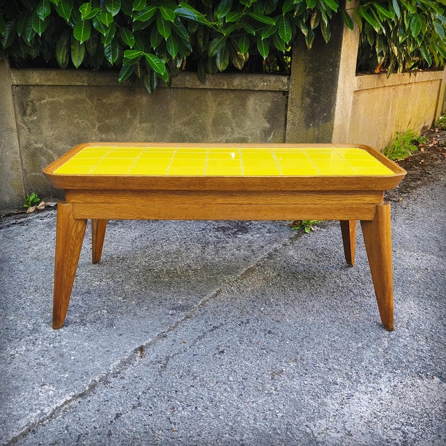 Mid-Century Modern Coffee Table in Oak with Yellow Tiled Top, France, 1950s For Sale - Image 3 of 18