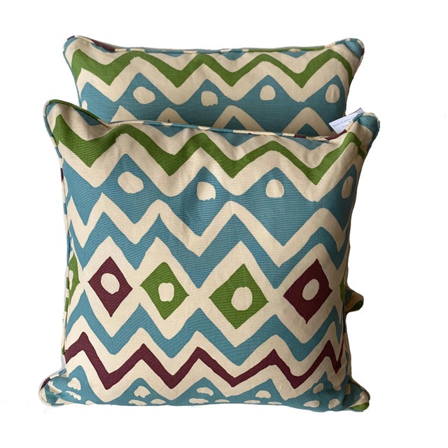 Contemporary Custom Quadrille "Cap Ferrat" Turquoise, Green & Purple Throw Pillows- a Pair For Sale - Image 3 of 3