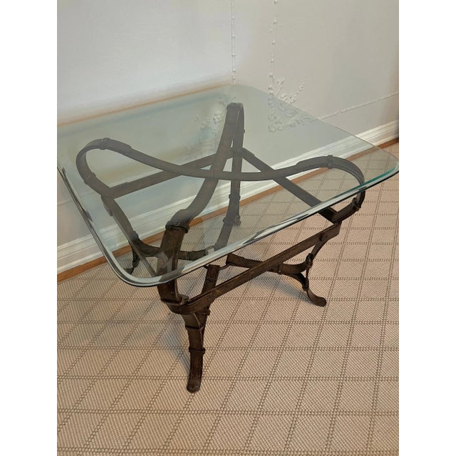 Jacques Adnet or Hermes Style Side Table of Trompe L'oeil Leather Straps of Metal For Sale - Image 9 of 9