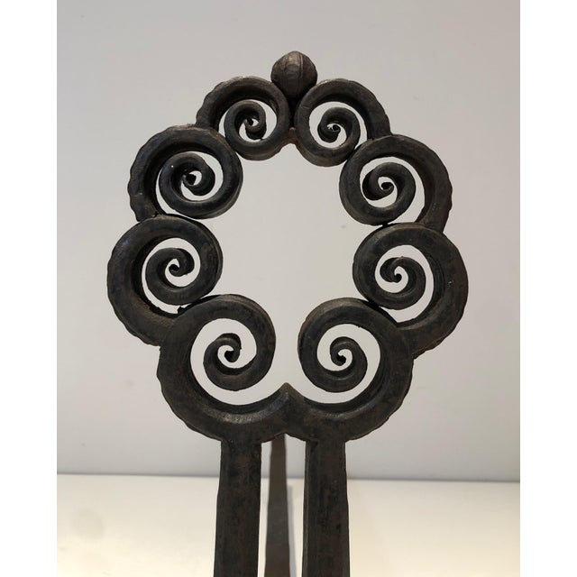 1900s Pair of wrought iron and hammer firedogs. Art Nouveau. Signed Wanner Genneva For Sale - Image 6 of 12