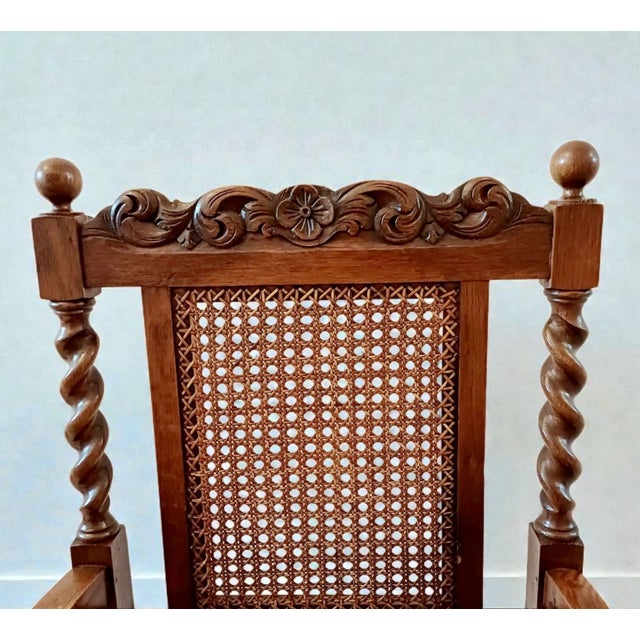 Antique Victorian Walnut Barley Twist Library Armchair with Cane Seat, 1890s For Sale - Image 4 of 12