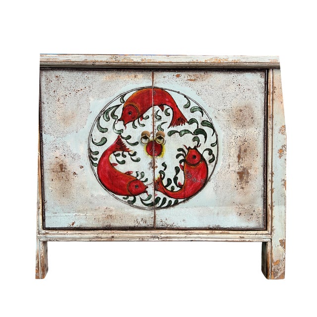 Turquoise Vintage Distressed Pale Turquoise Blue Tri-Red-Fish Credenza Table Cabinet For Sale - Image 8 of 8