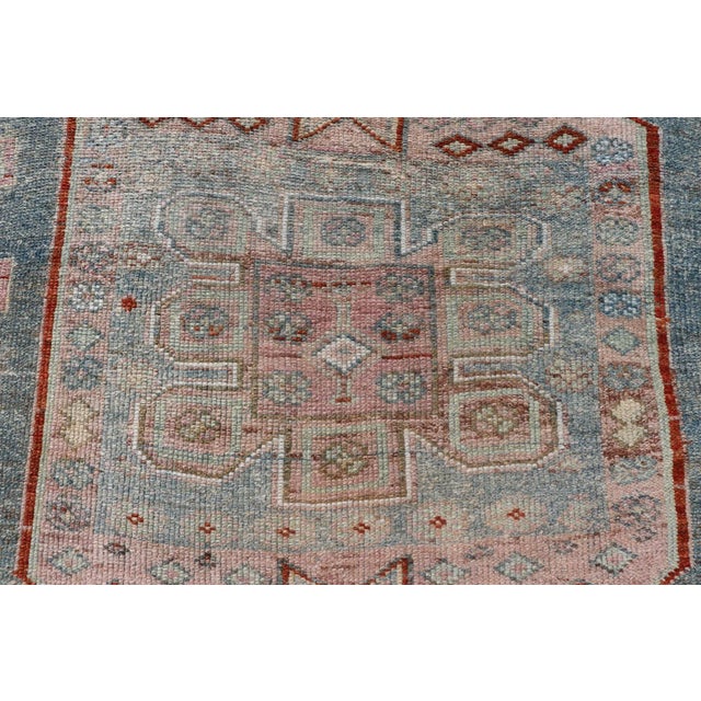 Tribal Persian Kurdish Antique Rug With Tribal Design in Light Blue, Teal, Taupe & Red 4'6"x5'10" For Sale - Image 3 of 10