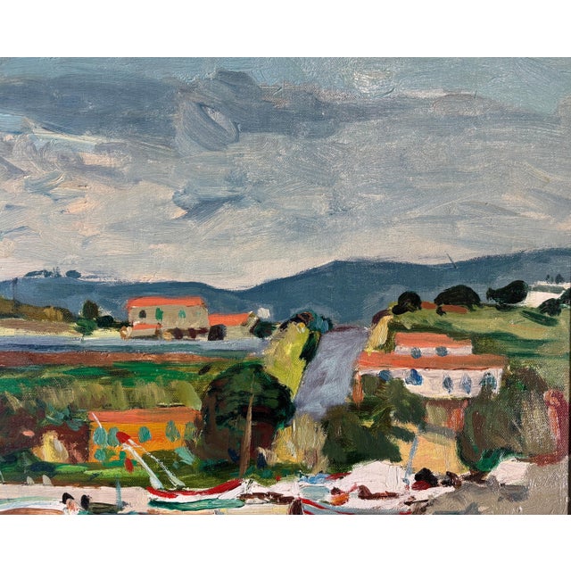 Textile Robert Mendoze Original Oil Painting, French Coastal Harbor, Signed and Dated 1967, Framed For Sale - Image 7 of 11