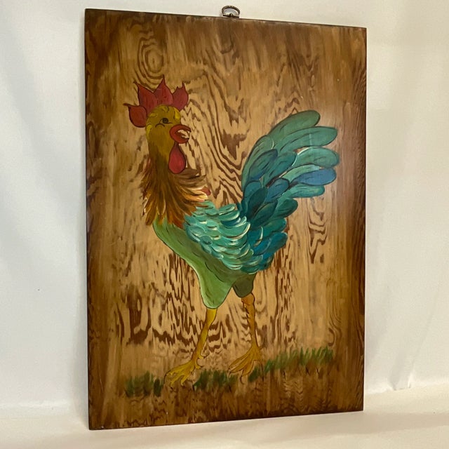 Farmhouse 1970s Mid-Century Farmhouse Chic Original Acrylic Painting, Chicken on Pine Wood. For Sale - Image 3 of 12