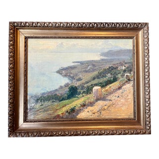 Antique 19th Century French Impressionist Landscape Oil Painting of the Riviera / Mediterranean Sea Coast For Sale