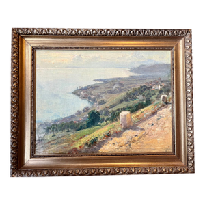 Antique 19th Century French Impressionist Landscape Oil Painting of the Riviera / Mediterranean Sea Coast