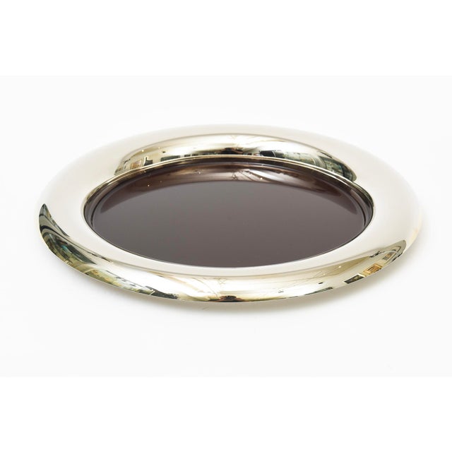 This lovely vintage restored Italian round tray is restored. It is nickel silver and brown enamel. From the 70's. Great...