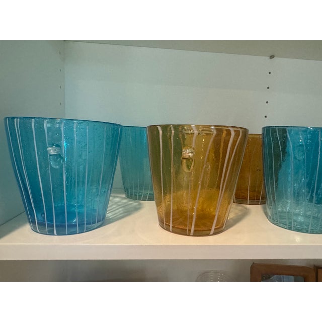 A gorgeous set of 9 authentic vintage Venini for Disaronno Turquoise and White fused striped Ice Buckets (5) and a set of...