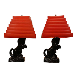 1960s Mid Century Modern Safari Black Ceramic Horse Mustang Lamps - a Pair