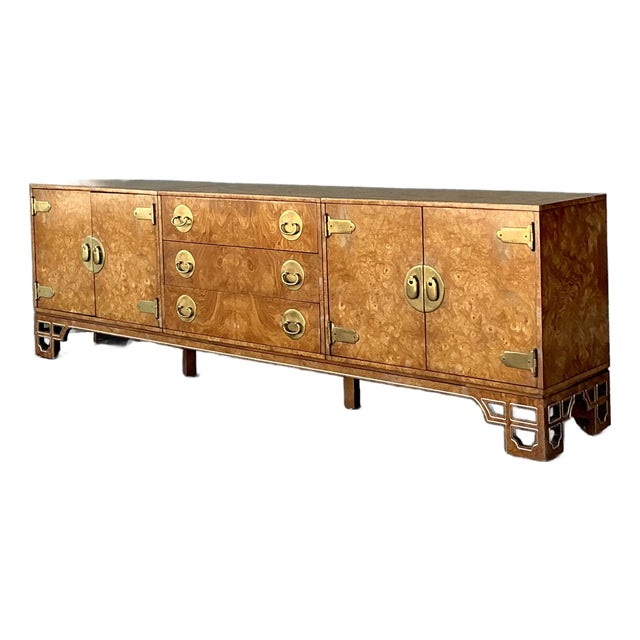 Vintage Boho Mastercraft Burl Wood Ming Credenza For Sale