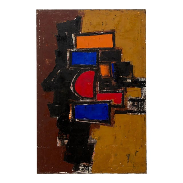 Mid 20th Century Cobalt and Crimson Geometric Abstract Painting With Ochre and Black For Sale