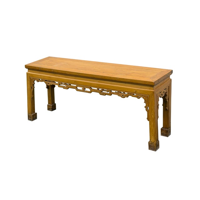 Asian Vintage Oriental Light Brown Dragon Motif Apron Wood Bench Table For Sale - Image 3 of 13