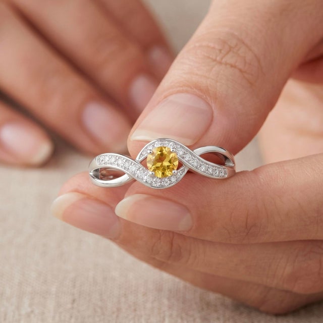 Contemporary 925 Sterling Silver Citrine Infinity Style Ring • Delicate Twist Band Ring for Women Us 7 For Sale - Image 3 of 6
