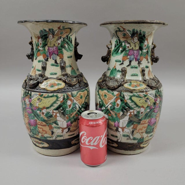 Pair Chinese Nanking Crackle Glaze Famille Verte Warrior Vases With Dragons, Late Qing C. 1880 For Sale - Image 4 of 10