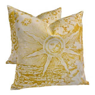 Contemporary Custom Schumacher “Modern Toile” Yellow 18” Pillows With Down Inserts - A Pair For Sale