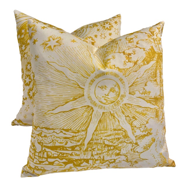 Contemporary Custom Schumacher “Modern Toile” Yellow 18” Pillows With Down Inserts - A Pair For Sale