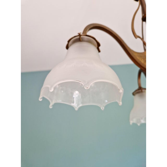 Metal Antique Art Nouveau Chandelier in Brass and Scalloped Frosted Glass, 1890s For Sale - Image 7 of 16
