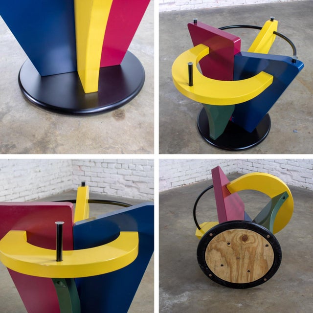 Late 20th Century Postmodern Dining Table Geometrical Pedestal Base & Round Scalloped Glass Top Style of Memphis Group For Sale - Image 17 of 18